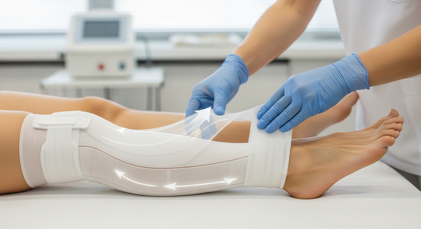 Kompresjoterapia to metoda leczenia polegająca na zastosowaniu kontrolowanego ucisku (np. bandażem lub rękawem uciskowym) w celu poprawy krążenia i zmniejszenia obrzęku kończyn.