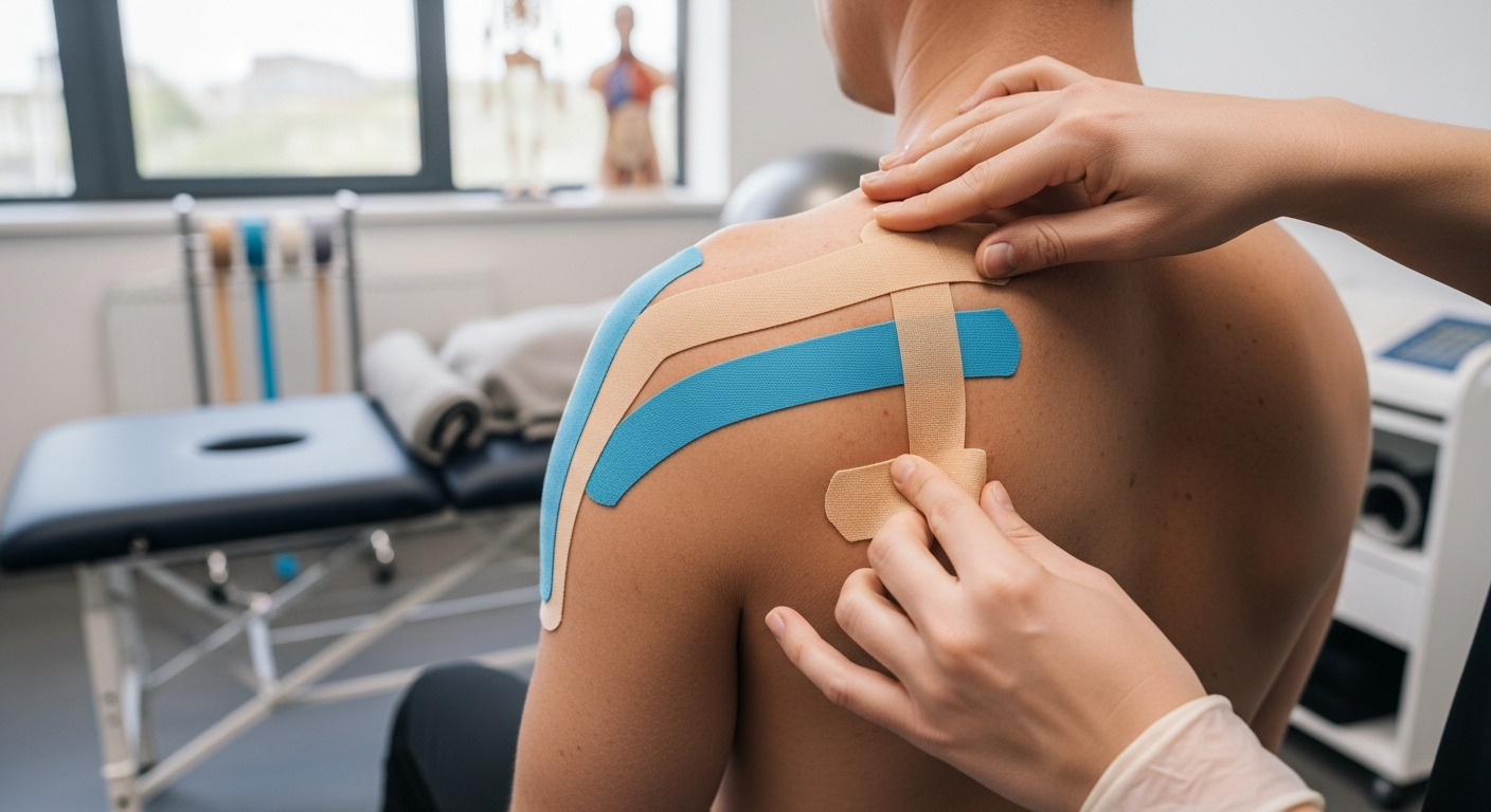 Kinesiotaping to oklejanie barku elastycznymi taśmami, które wspierają pracę mięśni i stawów bez ograniczania ruchu.