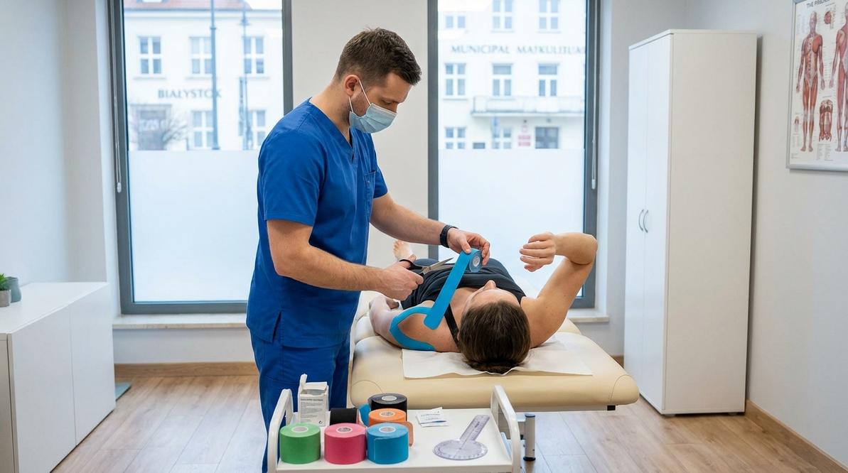 Aplikacja taśm kinesiotaping na barku pacjenta podczas zabiegu w gabinecie fizjoterapeutycznym w Białymstoku
