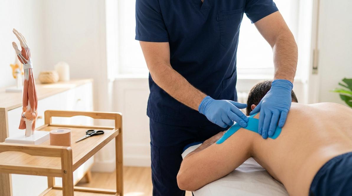 Kinesiotaping – terapeuta nakleja elastyczne taśmy na plecy pacjenta, pokazując podstawy metody