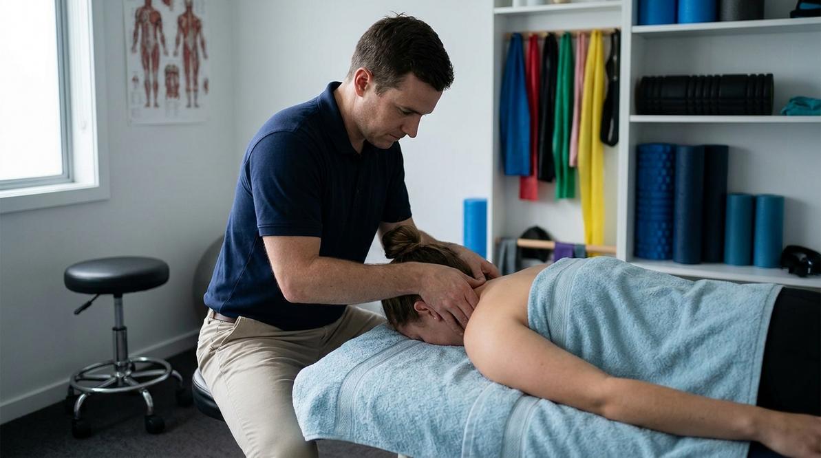 Fizjoterapeuta wykonuje terapię manualną pleców pacjenta zgodnie z zasadami gabinetu fizjoterapeutycznego