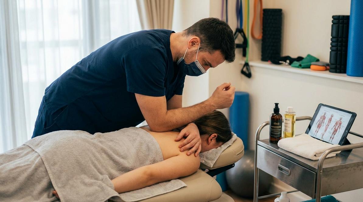 Masaż leczniczy pleców wykonywany przez fizjoterapeutę w gabinecie