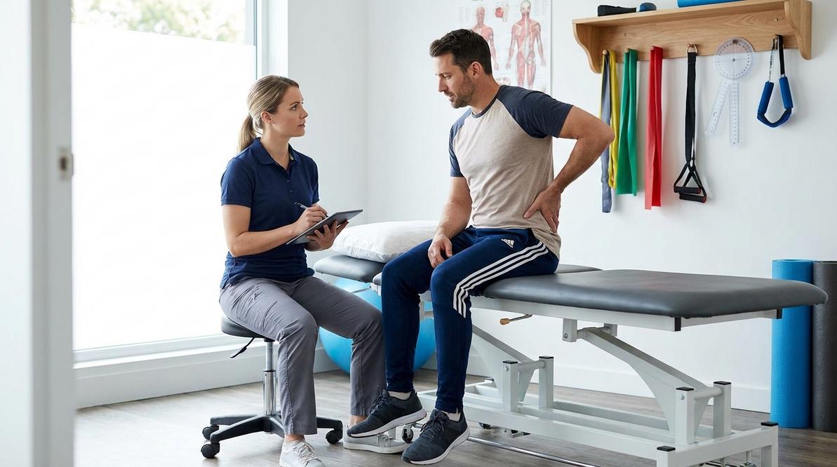 Pierwsza wizyta rehabilitacyjna: fizjoterapeuta wykonuje ocenę ruchu i omawia plan terapii